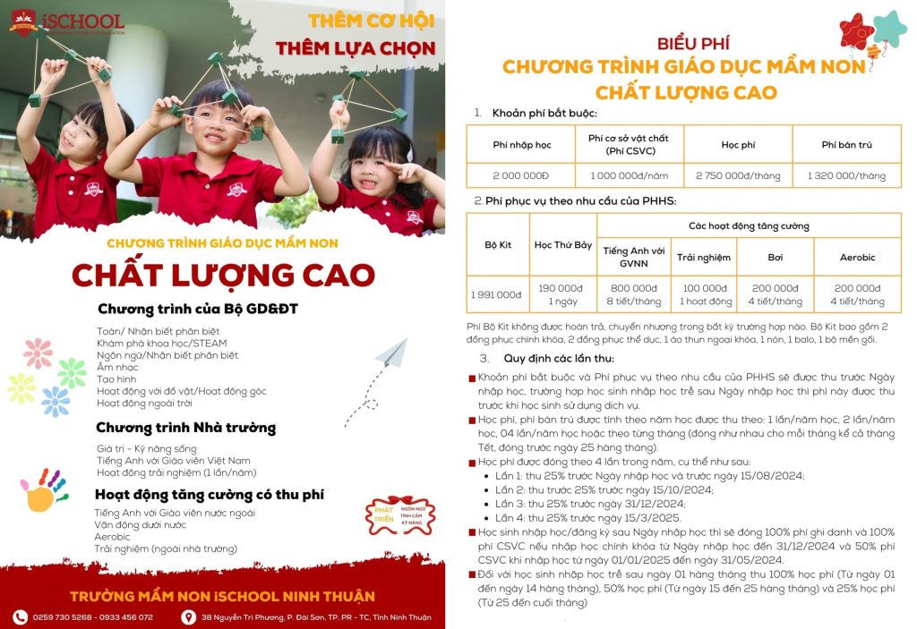 Chương trình học và biểu phí của Chương trình giáo dục mầm non chất lượng cao tại iSchool Ninh Thuận