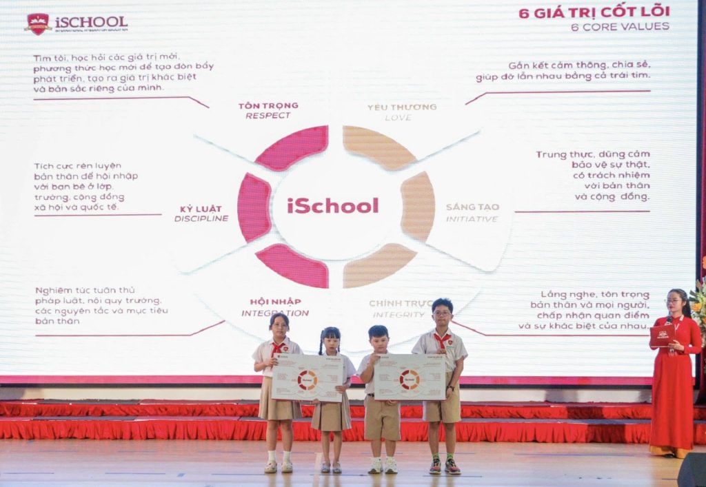 Đại diện học sinh các khối lớp nhận biểu trưng 6 giá trị cốt lõi từ nhà trường trong Lễ Khai giảng năm học 2026-2027 tại Trường THPT iSchool Ninh Thuận
